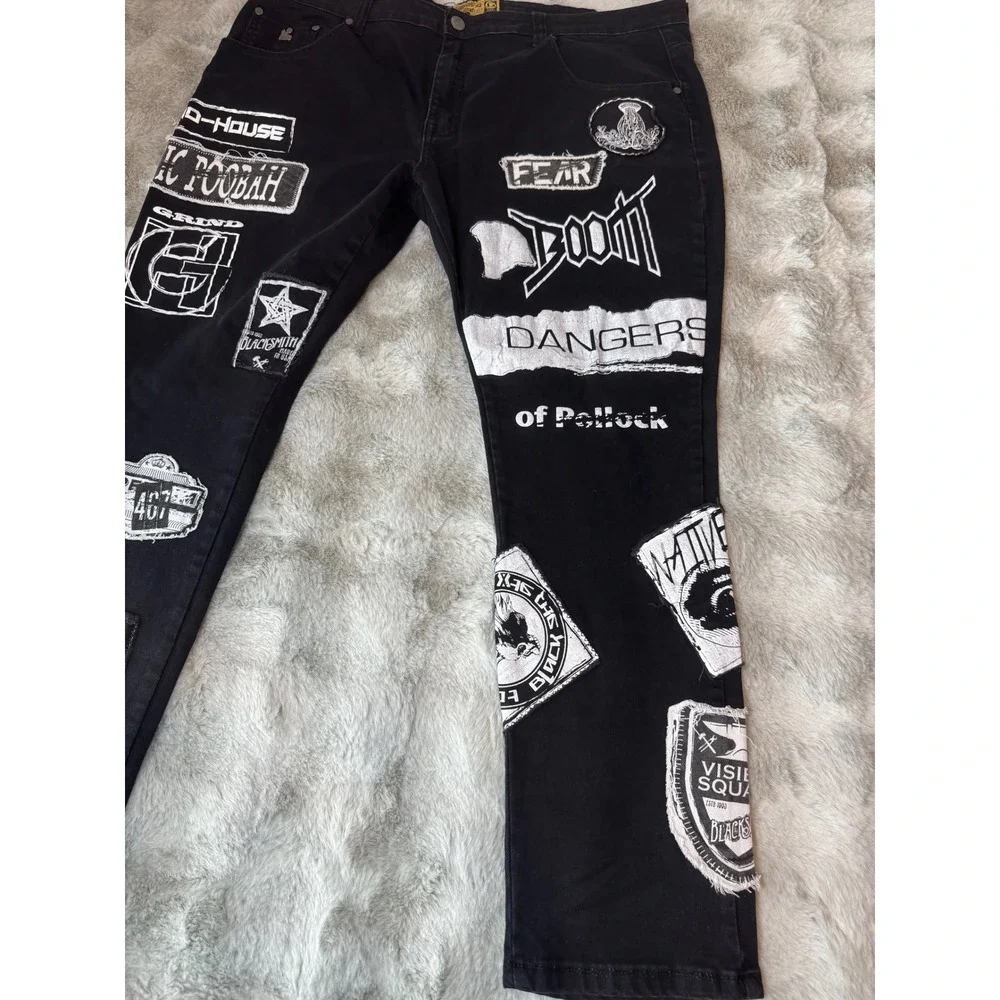Grindhouse Denim Mens Black Graphic Patch Punk Streetwear Jeans Size 44x30-0592